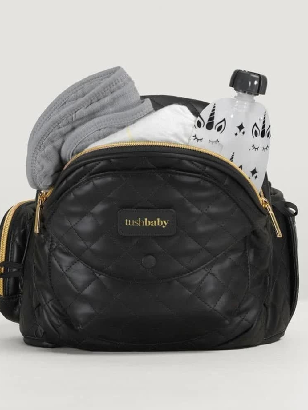Quilted Black Tushbaby Carrier with Gold Hardware